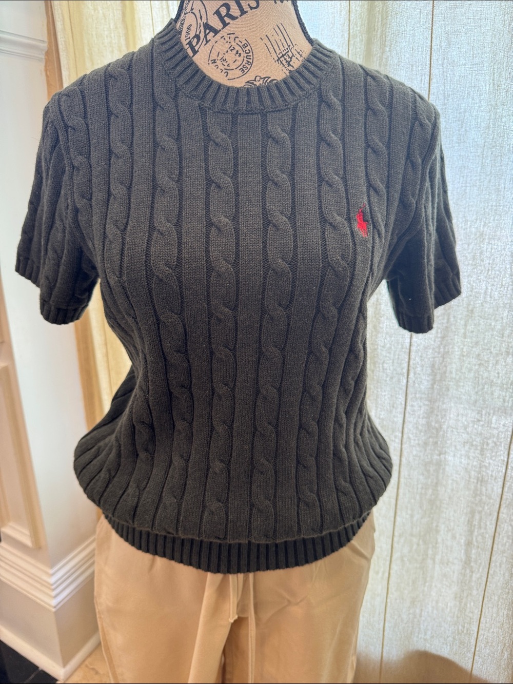 Ralph Lauren Dark Gray Cable Knit Short Sleeve Sweater with Red Pony